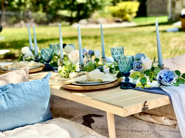 Blue floral centerpiece detail for Maison Lucia table styling